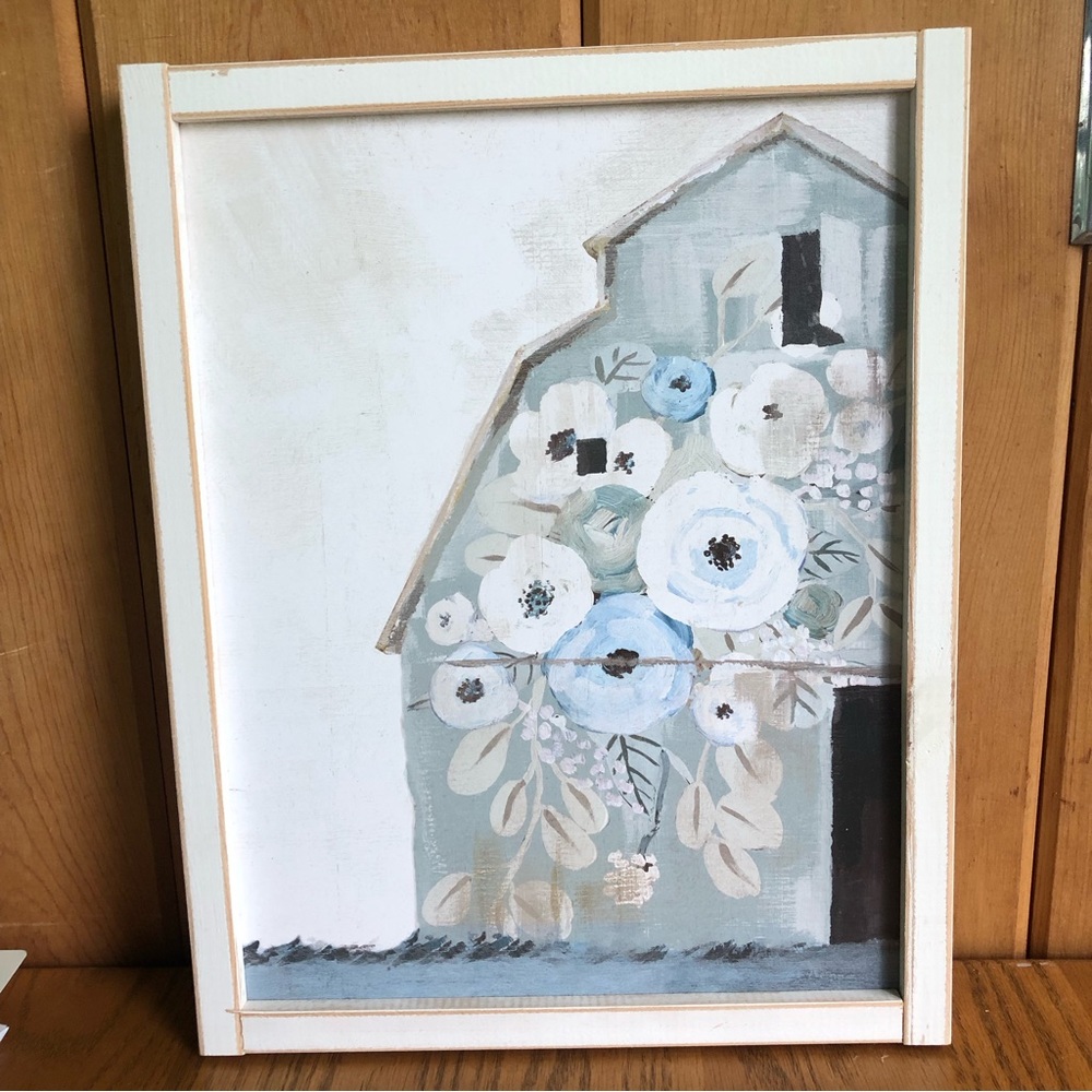 Sweet barn picture with blues and creams. 11”x14”